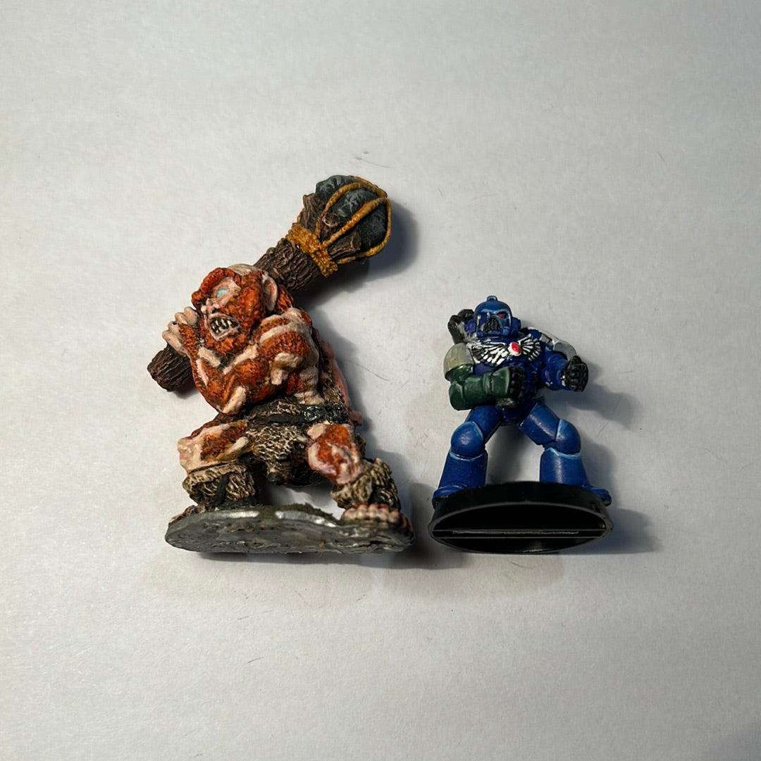 Unknown miniature giant/ogre warhammer fantasy or dungeons and dragons proxy (third photo is to show scale)