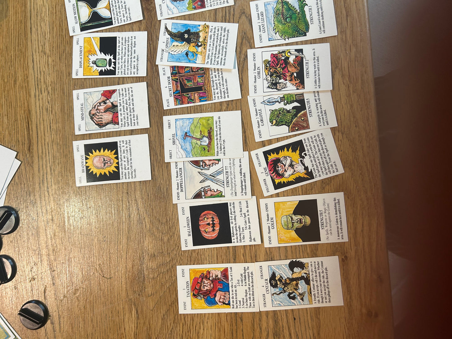 Talisman second edition (near complete but missing rules and two out of 40 blue tokens) come with 14 extra character cards and info sheets, 36 extra adventure cards and 6 extra spell cards all shown in the last few photos