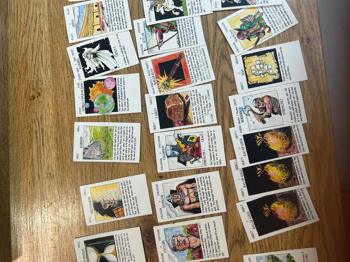 Talisman second edition (near complete but missing rules and two out of 40 blue tokens) come with 14 extra character cards and info sheets, 36 extra adventure cards and 6 extra spell cards all shown in the last few photos