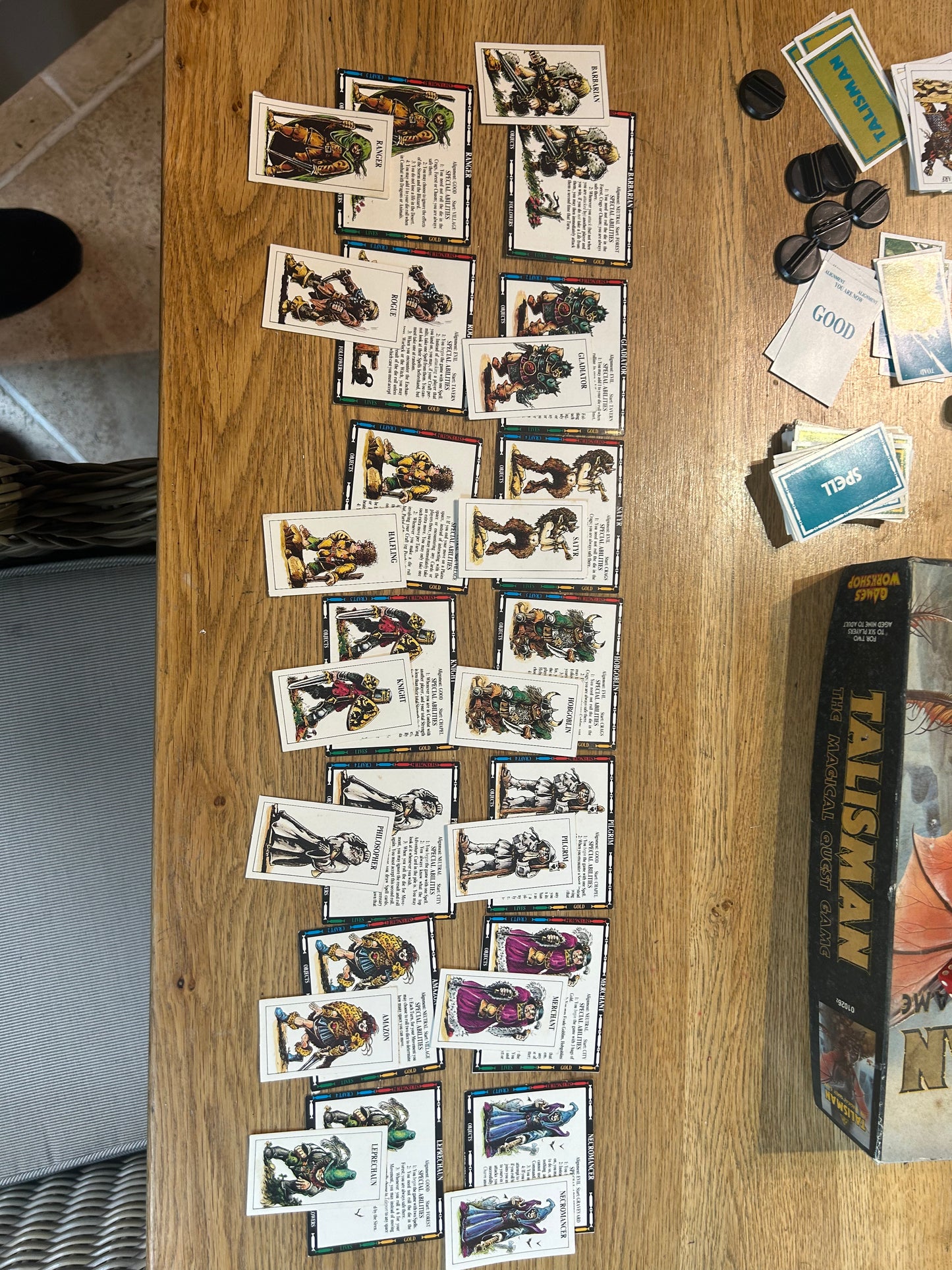 Talisman second edition (near complete but missing rules and two out of 40 blue tokens) come with 14 extra character cards and info sheets, 36 extra adventure cards and 6 extra spell cards all shown in the last few photos