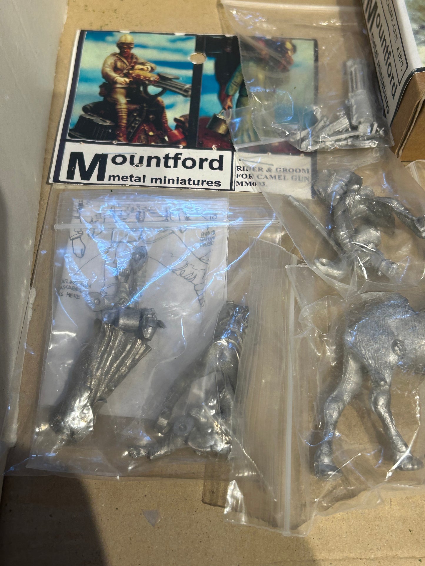 Mountford miniatures Gatling camel gun with extra camel and rider as well as a rider and groom for camel gun pack (basically, two camels, one Gatling gun, two riders and one groom)