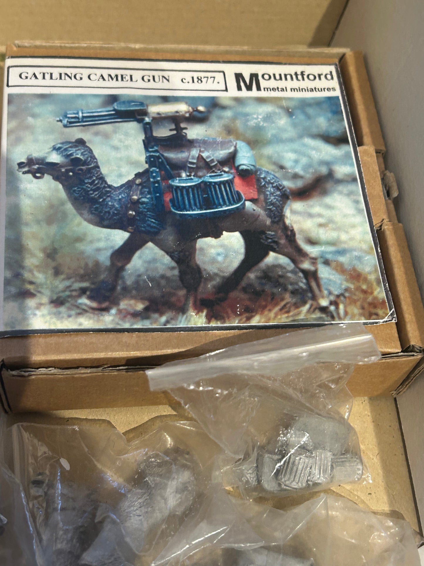 Mountford miniatures Gatling camel gun with extra camel and rider as well as a rider and groom for camel gun pack (basically, two camels, one Gatling gun, two riders and one groom)
