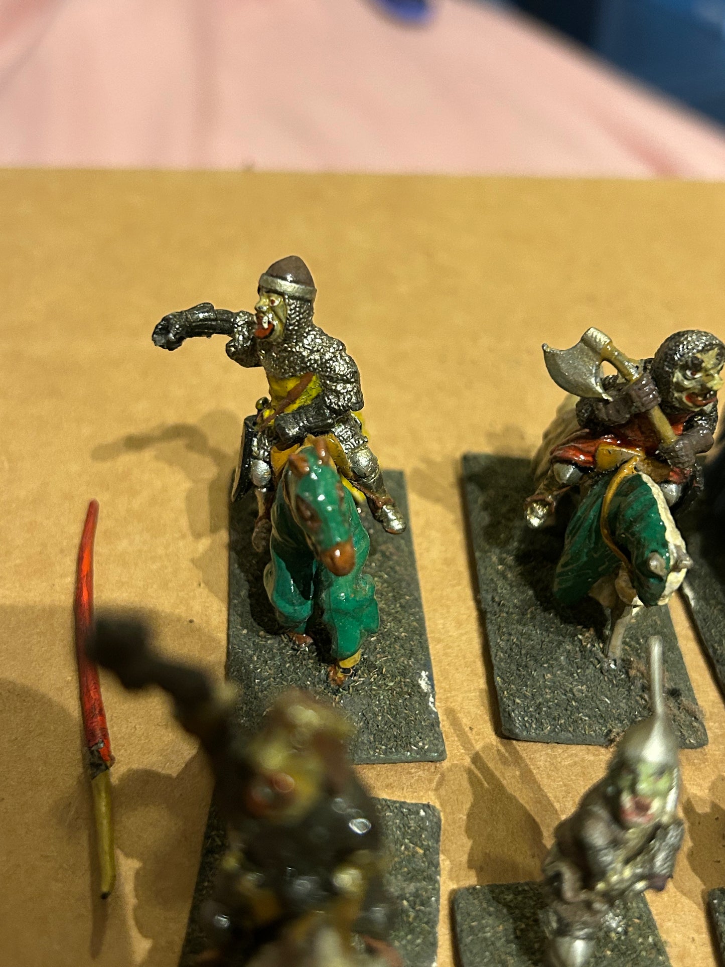 Essex miniatures knights of evil force (6 cavalry and 7 foot knights) includes two lances and an axe (I’m not sure the axe is from the same company)
