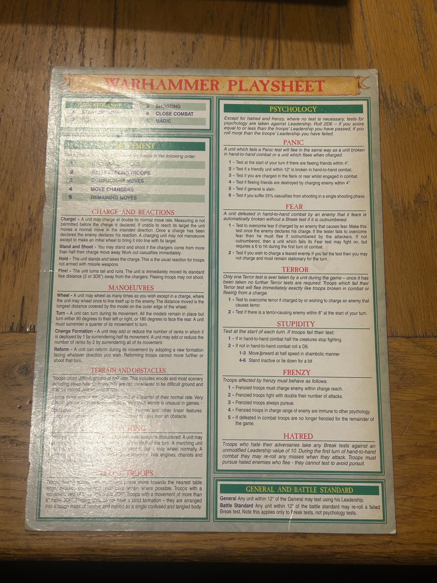 WFB Rulebooks Warhammer Fantasy 5th Edition playsheet