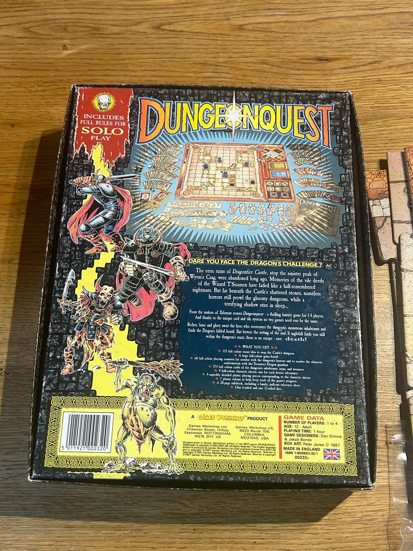 DUNGEONQUEST GAMES WORKSHOP 1987 BOARD GAME (complete except for 3 little plastic cones which can be substituted for anything)