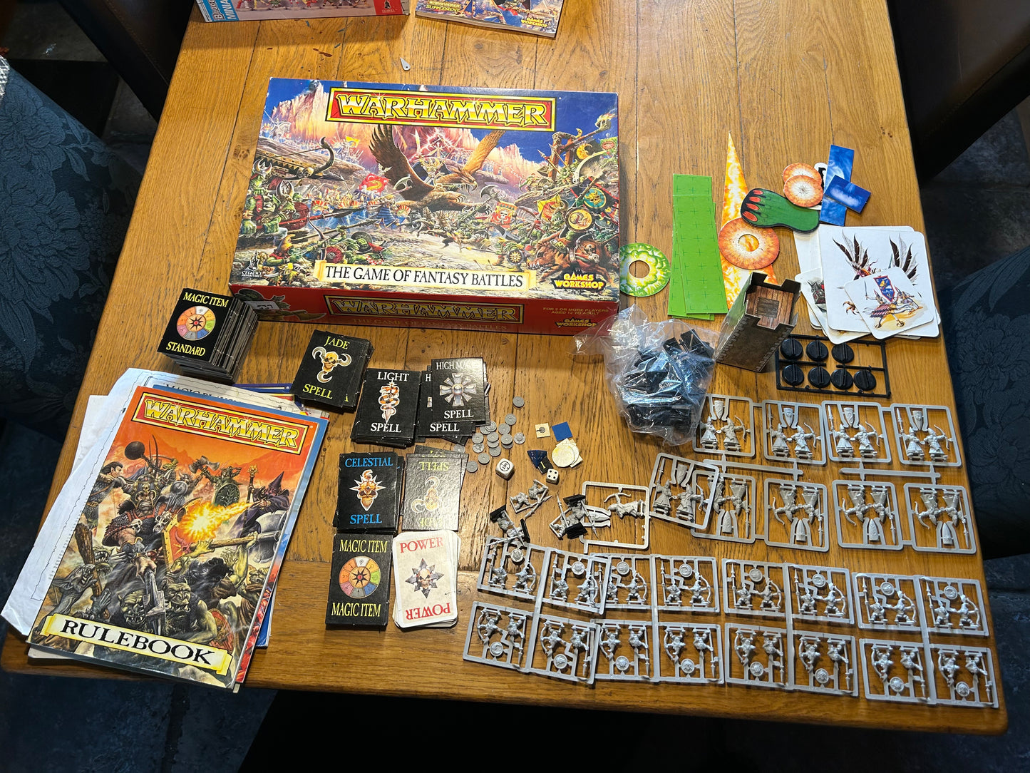Warhammer fantasy 4th edition boxed set game plus battle magic (incomplete but more than enough to play) box has a hole at the bottom and some items have more wear than others