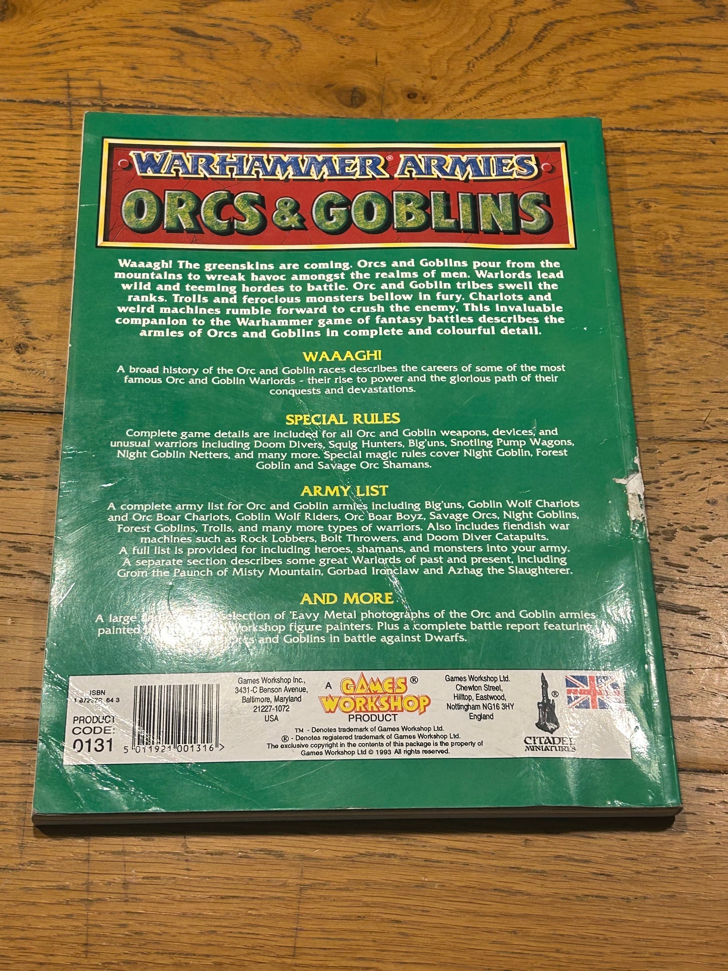 Orcs And Goblins Armies Book Warhammer Fantasy Battle 4th edition (mostly moderate weat with creasing and bending, but with some heavy wear on part of the outer spine)