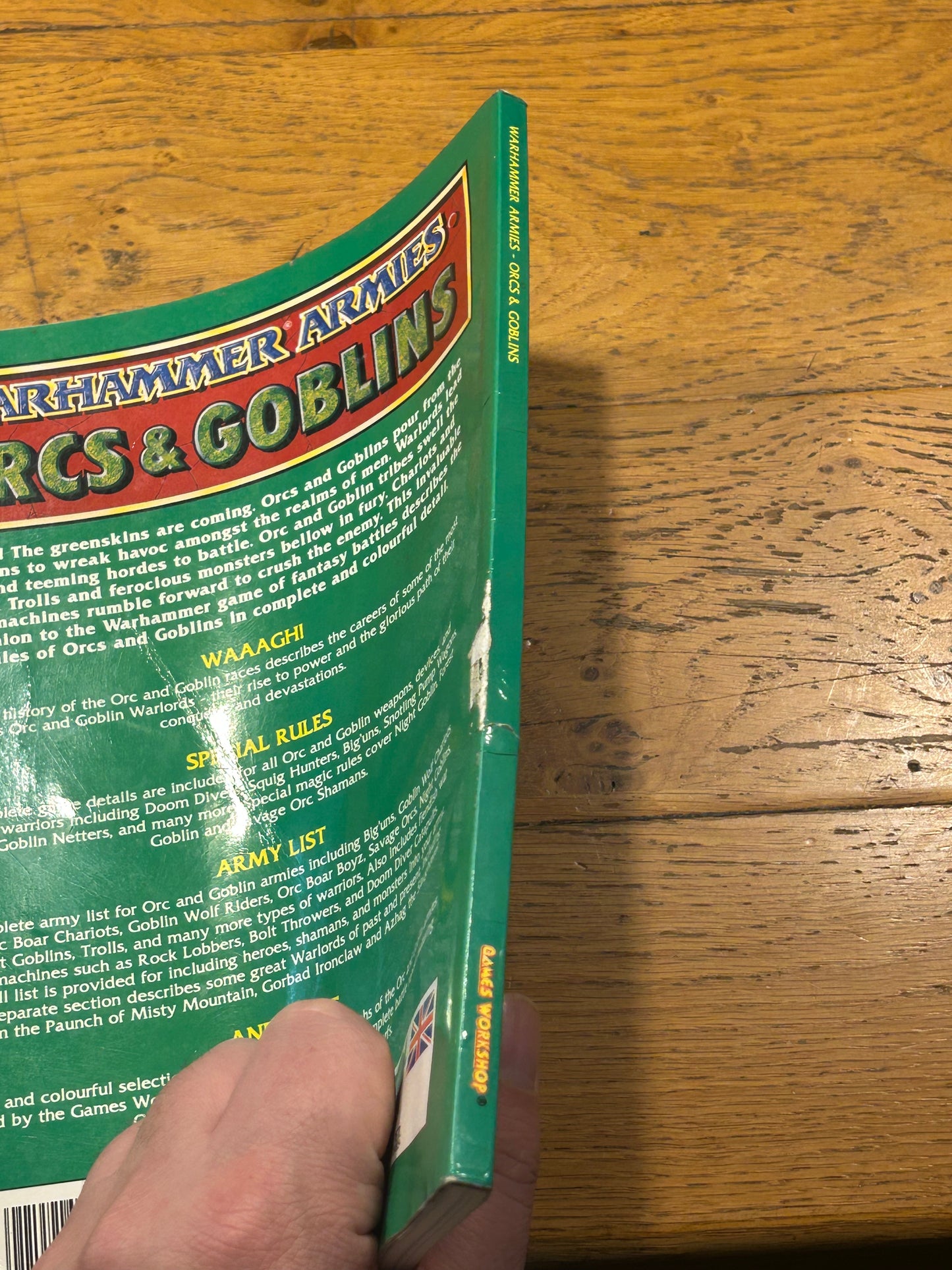 Orcs And Goblins Armies Book Warhammer Fantasy Battle 4th edition (mostly moderate weat with creasing and bending, but with some heavy wear on part of the outer spine)