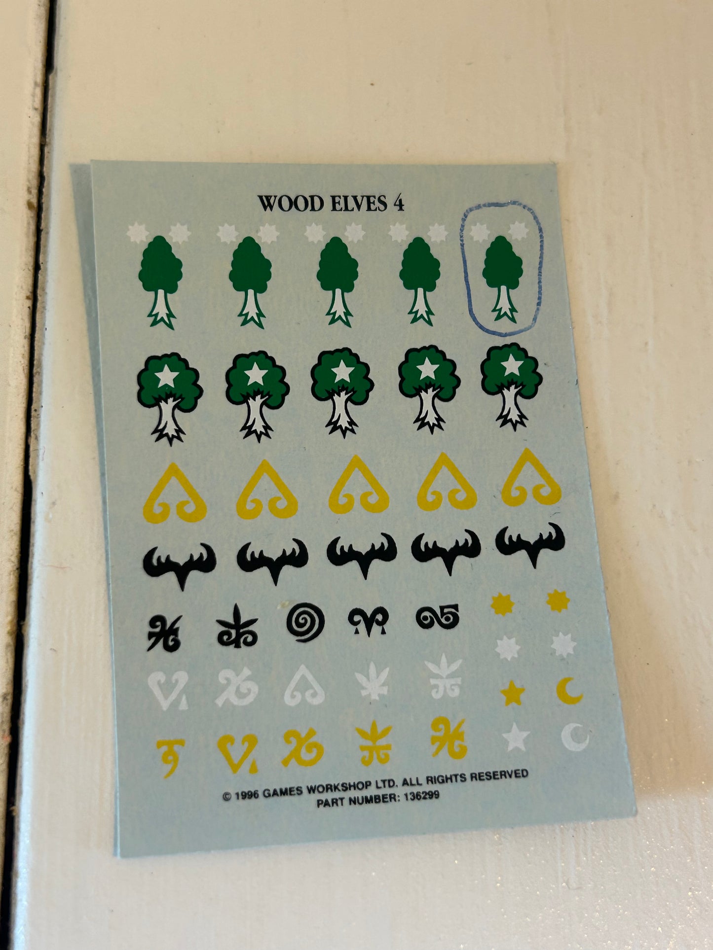 Warhammer Wood Elf Elves #4 Decal Transfers Sheet Games Workshop Shield Emblems (one emblem has been circled with pen)