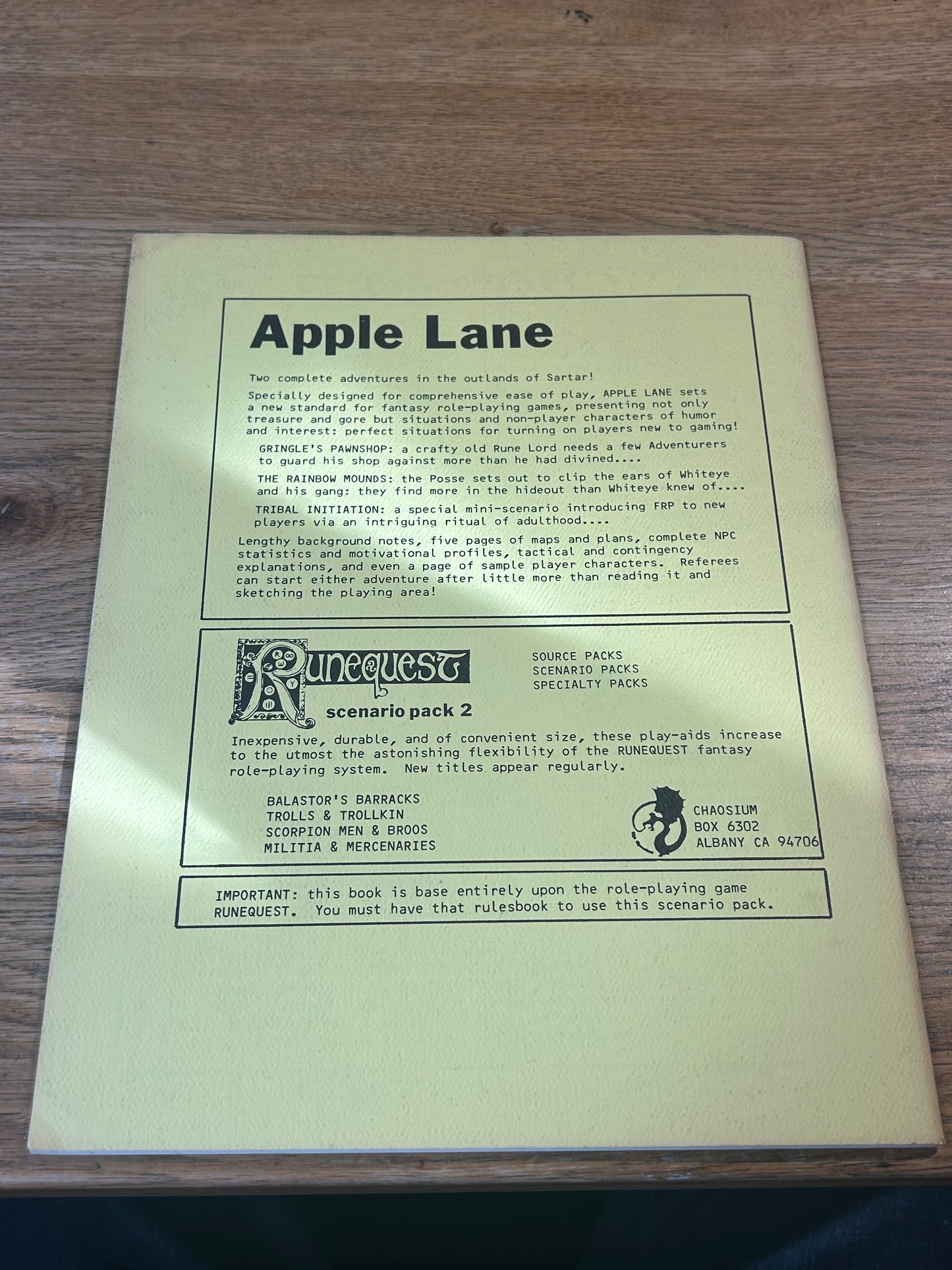 Runequest Apple Lane Scenario Pack 2 RQ 1980 Original Chaosium Inc Greg Stafford