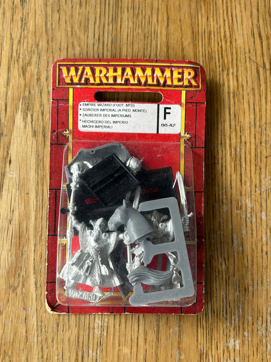 Warhammer Empire wizard, two figures, one mounted and the other on foot sealed blister